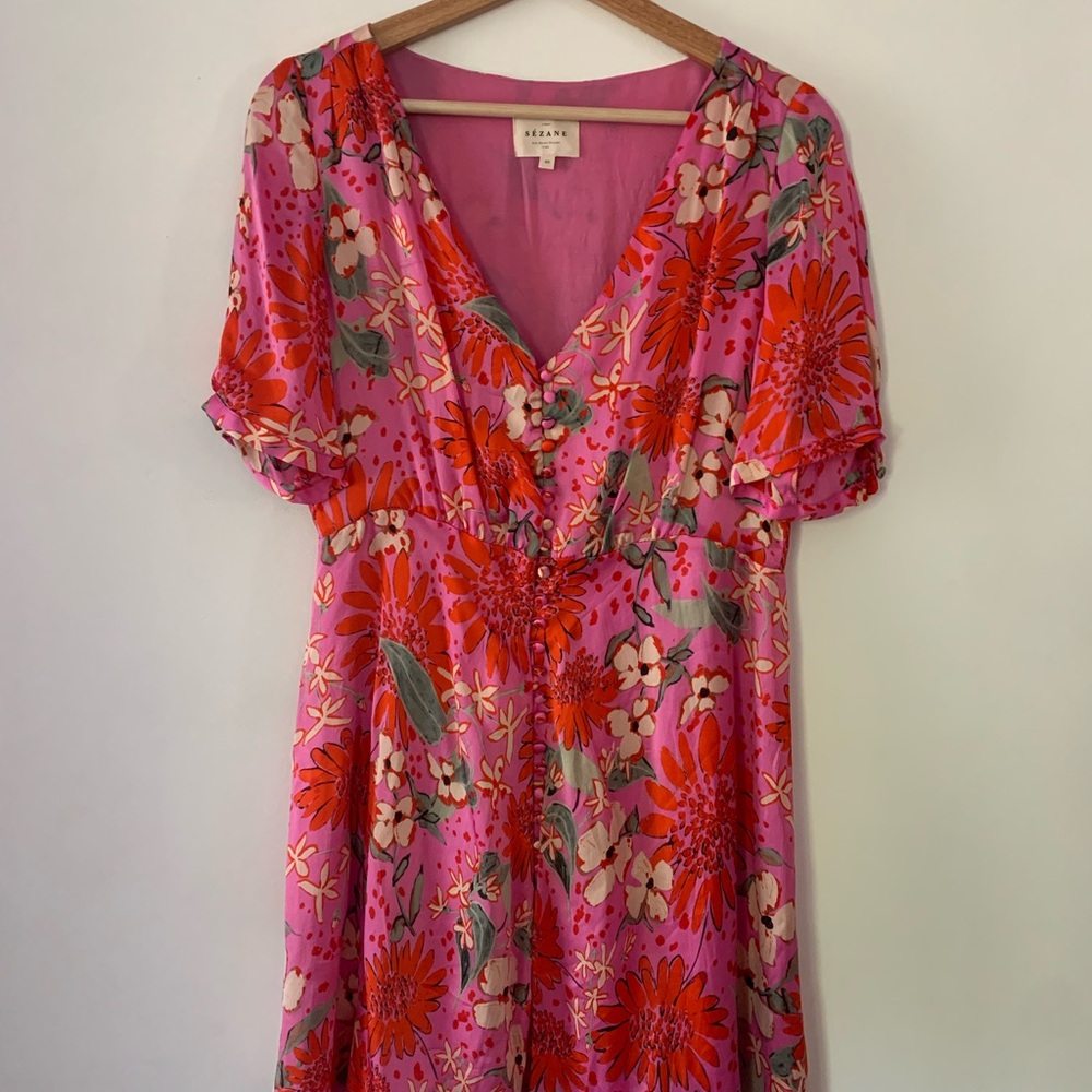 Sézane Pink and Red Floral Midi silk Sola Dress
